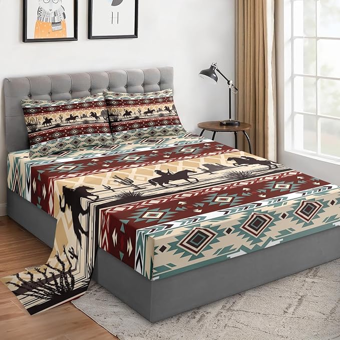 WeCozy Queen Size Bed Sheet Sets with Pillowcases, Tribal Cowboy Horses 4 Pcs Soft Microfiber Bedding for Kids and Adults, Retro Vintage Western Flat, Fitted Sheet for Bedroom Bed Decor by WeCozyHomeDecor