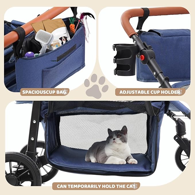 Pet Stroller for 2 Small Dogs, Dog Stroller for Medium Dogs 20 lb with Storage Bag and Cup Holder, Cat Stroller for 2 Cats with Adjustable Handle & Weatherproof Cover, All-Terrain(Blue)