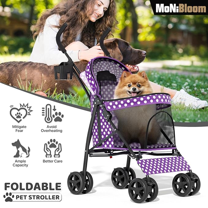 MoNiBloom 4 Wheels Pet Stroller, Easy-Fold Umbrella Shaped Dog Cat Jogger Stroller w/Storage Bag & Visible Mesh for Small/Medium Dogs Cats Purple Polka Dots