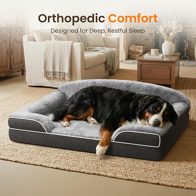 Orthopedic Dog Bed for Giant&Multiple Dogs, 53x42 XXXL Extra Large Dog Bed | Egg Crate Foam for Pressure Relief, Cozy Bolster Sofa Design, Waterproof Washable Cover, Non Slip Bottom, Dark Grey - Image 2