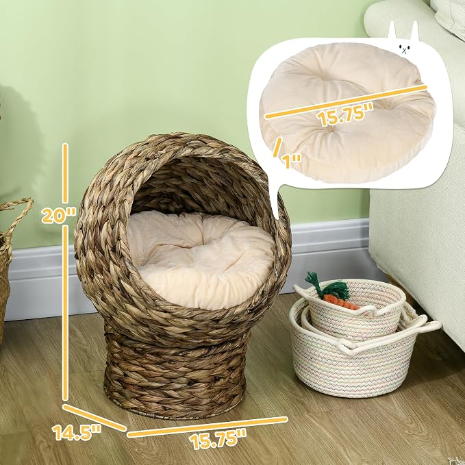 PawHut Handwoven Elevated Cat Bed with Soft Cushion & Egg Chair Shape, Basket Bed Kitty House with Stand, Raised Wicker House for Indoor Cats, 20" H, Gray | Soft Cushion & Egg Chair Shape, Basket Bed Kitty House with Stand, Raised Wicker House - Image 7