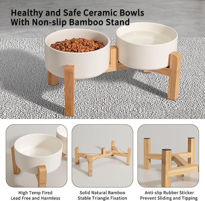Elevated Ceramic Dog Bowl Set - Raised Feeding Bowls with Non-Slip Bamboo Stand - Small Pet Dishes for Food and Water - Ideal for Cats and Puppies - 16.23 OZ - 2 Cups - 480 ML | 5.1'' Double Dog Feeding Dishes, Non-Slip Raised Dog Feeder for Cats and P... - Image 3