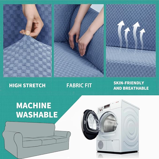 YEMYHOM Latest Checkered 4 Pieces Couch Covers for 3 Cushion Couch High Stretch Thickened Sofa Cover for Dogs Pets Elastic Slipcovers Living Room Furniture Protector (Light Blue), 71"-91"(3 Cushions) - Image 5