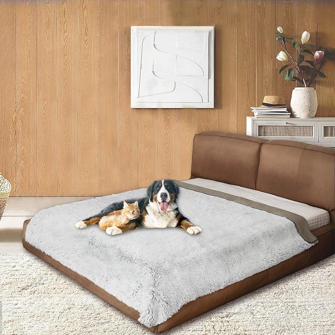 Dogs/Cats Bed Mats, Dog Pad Washable Removable Couch Cover with Anti-Slip Back, Plush Long Fur Mat, Perfect for Small, Medium and Large Dogs.(Magic Gray, 82"x82") by SNUGGLESINTO