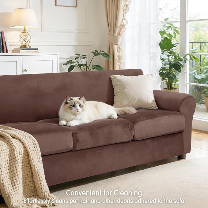 CHUN YI 4 Piece Velvet Couch Covers for 3 Cushion Couch, Water Resistant Non Slip Sofa Slipcover, High Stretch Thick Furniture Protector for Dogs Pets, Large, Brown - Image 7