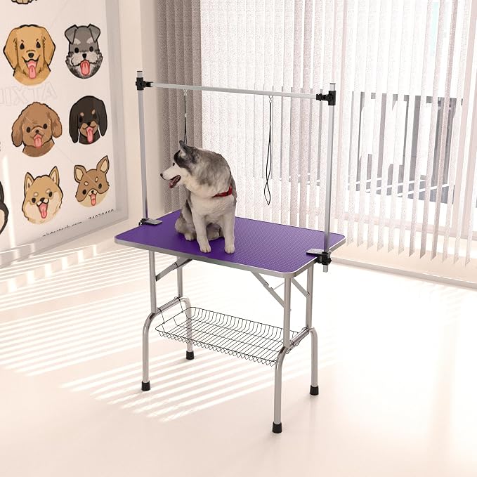 36" Dog Grooming Table Foldable Pet Grooming Tables with Adjustable Arm Noose Storage Mesh Tray Maximum Capacity Up to 330lbs Purple by TRODEP