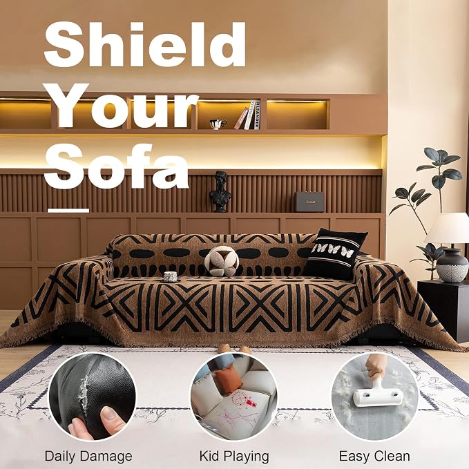 VClife Couch Cover Bohemian Morroccan Sofa Cover Washable Sofa Slipcover for 3-4 Cushion Couch Sofa Non Slip Soft Chenille Furniture Protector Modern Brown Black Slip Cover for Couch 71''x150'' - Image 3