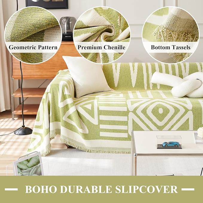 71" x134" Chenille Couch Cover Boho Reversible Sofa Cover with Green Geometric Pattern Multifuntional Sofa Slipcover with Tassels Furniture Protector for Dog Pet Scratching, Washable - Image 4