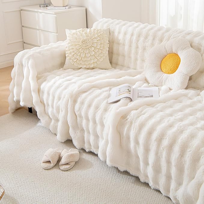 White Faux Rabbit Fur Couch Sofa Cover for 1-2 Seater Couches, Large | 1 Piece Fluffy Couch Cover Washable Non-Slip Sofa Slipcover for Dogs Cats Soft Warm Furniture Protector for Home, 71''x118'' - Image 7