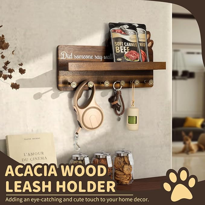 MTERSN Dog Leash Holder for Wall with Shelf – Wooden Key Holder Wall Mount with 6 Hooks & Floating Shelf – Cute Farmhouse Home Decor for Entryway, Living Room, Kitchen Decor(Dark Acacia) - Image 4