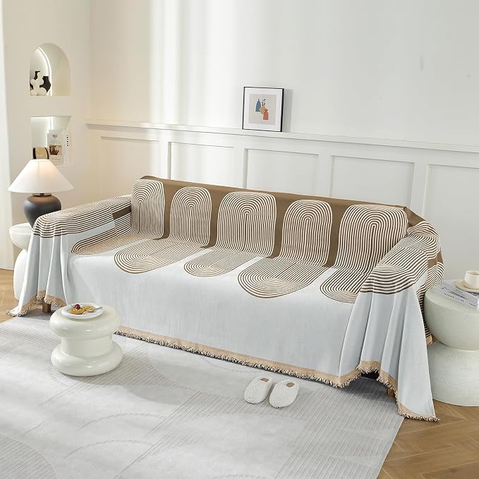 Couch Cover for Sofa, Boho Sofa Cover Washable Couch Cover for Dogs, Pet Sofa Cover for 3-Cushion Couches with Tassel Furniture Protector Cover,71" x 134",Khaki-Half-Round - Image 2