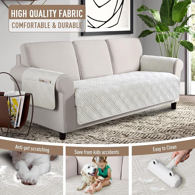 TAOCOCO Waterproof Couch Covers for Pets Dogs with Non Slip Backing, Sofa Seat Covers with Side Pocket for 3 Cushion Couch Washable Dog Couch Cover Protector Sofa Slipcovers(Sofa Plus, Off White) - Image 4