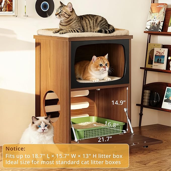 IRONCK 2-Tier TV Shaped Cat Litter Box Enclosure with Rattan Scratch Board | 2-in-1 litter cabinet. Fits standard litter boxes. 2-tier. Scratching board. Works as side table. Cat-friendly materials - Image 5