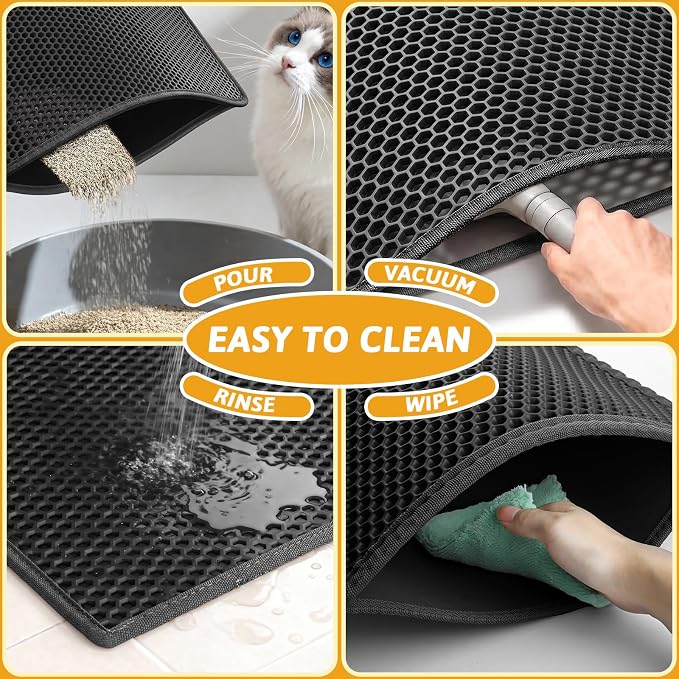 Pieviev Kitty Litter Mat, Double-Layer Waterproof Design, 30" x 24" Black | Honeycomb Litter Box Mat Catches Scattered Particles to Stop Tracking, Urineproof Base protects Floors, Easy to Clean - Image 6