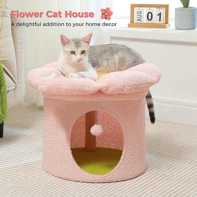 PETEPELA Cat Beds for Indoor Cats, Small Cute Cat Tree House with Removable Flower Cat Bed, Cat Hideaway, Indoor Cat House Condo, Cat Accessories, 20X20X16 Inches, Pink - Image 8