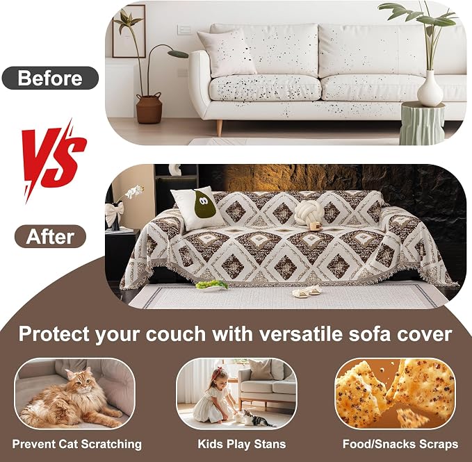 ROOMLIFE Couch Cover Boho Sofa Covers for 3 Cushion Couch Washable | Furniture Protector Sofa Couch Cover for Dogs, Soft Breathable Sofa Slipcover, Couch Throw Blankets with Tassels 71''X118'' - Image 9