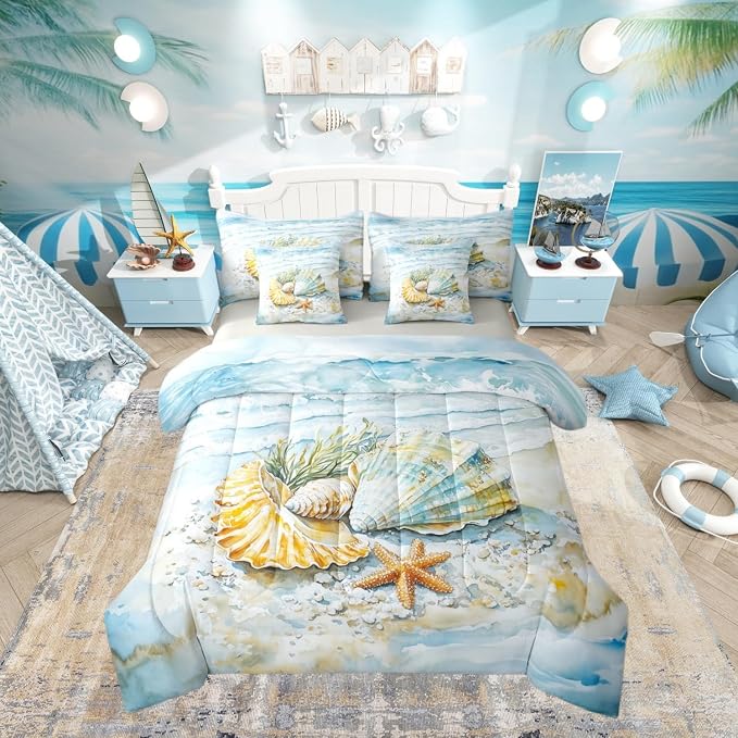 Erosebridal Kids Coastal Bed in A Bag Twin, Summer Beach Nautical Comforter Set with Sheets for Boys Girls Teens Adults, Shell Seaweed Starfish 7 Pieces Bedding Set, Sea Waves Marine Life Bed Sets by Erosebridal