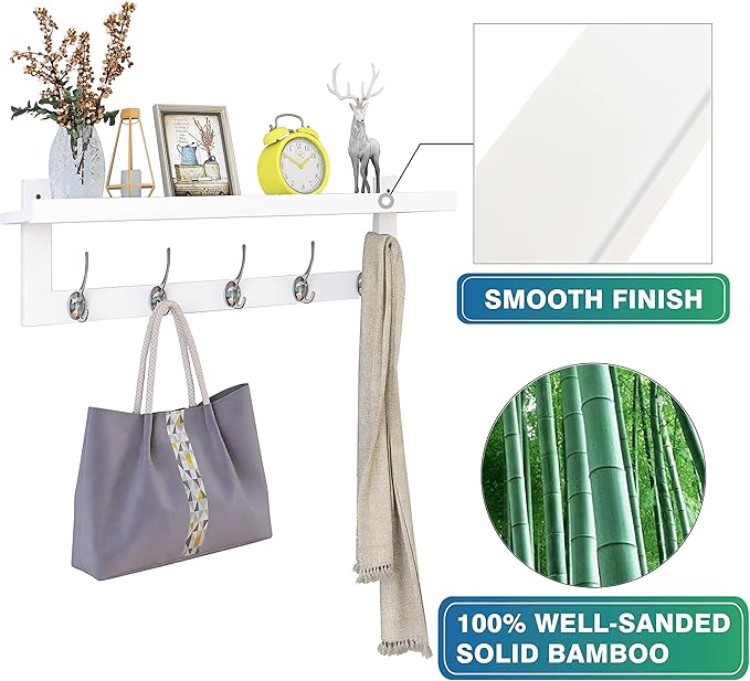 SMIBUY Coat Hooks with Shelf Wall-Mounted, 29.2 Inch Entryway Coat Rack for Wall, Bamboo Hanging Shelf with 5 Double Metal Hooks for Bathroom, Bedroom, Kitchen, Living Room, Mudroom (White) - Image 6