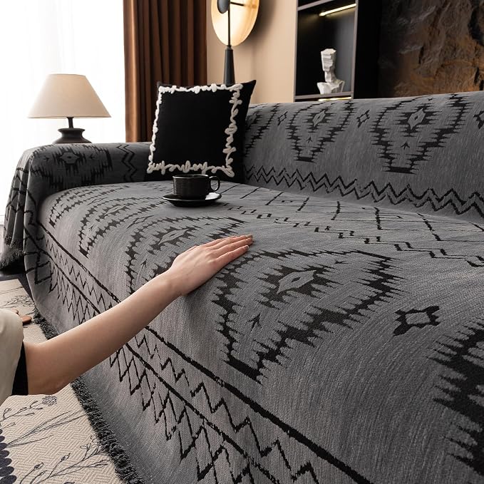 DREAMINGO Boho Couch Cover Sofa Covers for 3 Cushion Couch Jacquard Chenille Couch Cover Blanket Living Room Pet Furniture Protector Sectional Couch Covers for Dogs Washable, Grey, 71"x134" - Image 7