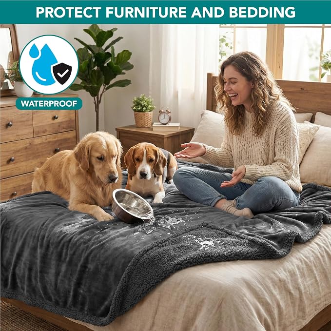 PetAmi Waterproof Dog Blanket for Couch, Queen 90x90, Pee Proof Sherpa Fleece Reversible Pet Throw, Furniture Protector for Bed Sofa, Soft Washable Cover for Large Dogs Cats, Grey Sherpa - Image 2