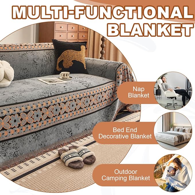 STACYPIK Vintage Floral Gray Couch Cover for Pets, Chenille Botanical Jacquard Sofa Cover for 3 Cushion Couch, Washable Sectional Silpcover for L Shaped, Farmhouse Sofa Protector Blanket-71X134IN - Image 8