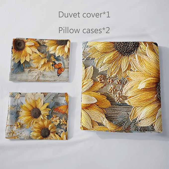 AILONEN Sunflower Floral Duvet Cover Set,Yellow Flower Butterfly Bedding Sets King Size,Farmhouse Wood Country Wooden Comforter Cover with 2 Pillowcase,Soft Microfiber,3Pcs - Image 5