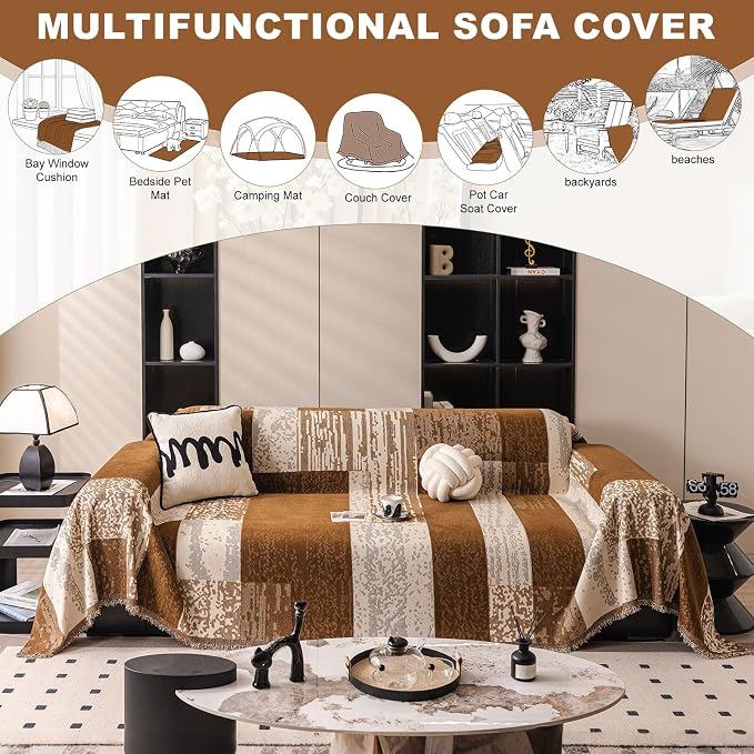 ROOMLIFE Boho Couch Covers for Sofa Washable for 2 Cushion Couch Chenille | Furniture Protector Sofa Couch Cover for Dogs, Soft Breathable Sofa Slipcover, Couch Throw Blankets with Tassels 71''X118'' - Image 6