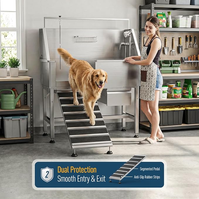 46" Heavy Duty Dog Washing Station - 304 Stainless Steel Pet Bathing Tub with Left Side Ramp, Elevated Grooming Sink with Storage Drawer & Removable Floor Grate, Outdoor Ready for Large & Medium Dogs | 304 Stainless Steel - Image 7