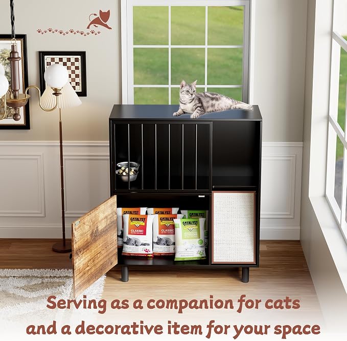 Dog Proof Cat Feeding Station, Cat Feeding Station Furniture with Storage and Cats Scratching Board, 2 Raised Pet Food and Water Bowl for Indoor Cats, Large Pet Cabinet - Image 2