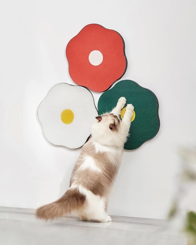 Wall Mount Cat Scratching Pads 3-Pack for Cats - Flower Design in Sunny Egg, Red & Green, Easter Gift for Cat Lovers, Space-Saving Home Decor that Saves Furniture by Unknown