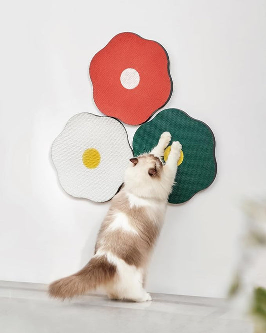 Wall Mount Cat Scratching Pads 3-Pack for Cats - Flower Design in Sunny Egg, Red & Green, Easter Gift for Cat Lovers, Space-Saving Home Decor that Saves Furniture by Unknown
