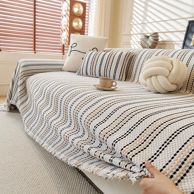 ROOMLIFE Thicked Striped Boho Khaki Couch Cover for 2-3 Cushion Sofa, Chenille Sofa Slipcovers Sectional Sofas Covers for Dog, Non Slip Washable Furniture Protector Soft with Tassel 71''X134'' - Image 9
