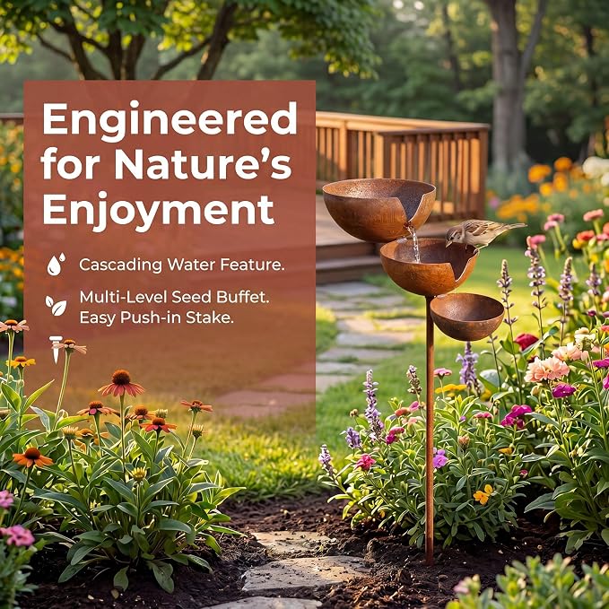 Multi-Tier Rain Catcher Garden Stake Bird Bath for Outdoors - Rustic Metal Bee Watering Station, Decorative Flower Garden Stakes for Lawn Yard Landscaping (Natural Rust Color) - Image 8