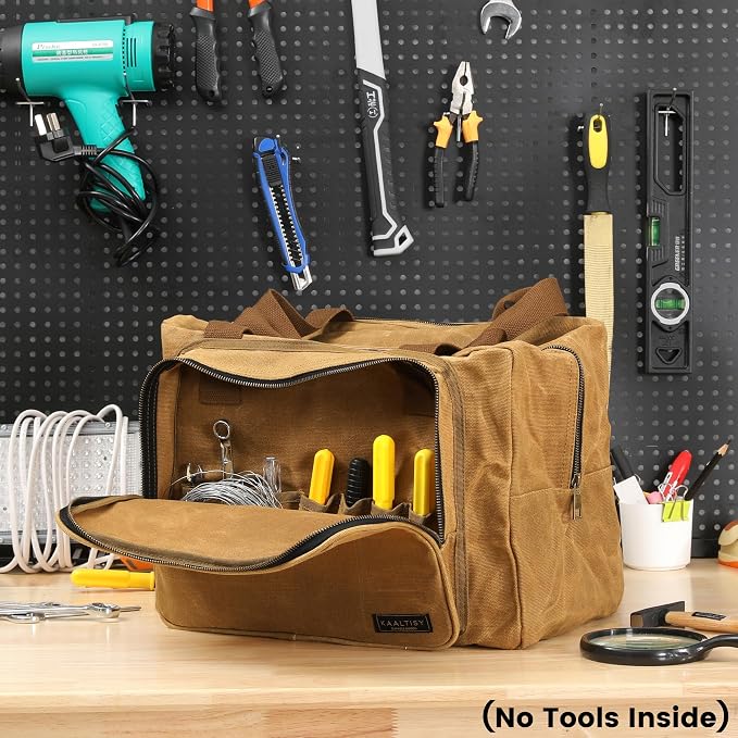 Tool Tote Bag - Large Capacity Tool Carrying Bag with 2 Zipper Pouches, Sustainable 16OZ Waxed Canvas Garden Tote for Gardening Set Hammer Fishing Gear Goggles - Khaki - 15.5"L x 7.5"W x 11.5"H - Image 6