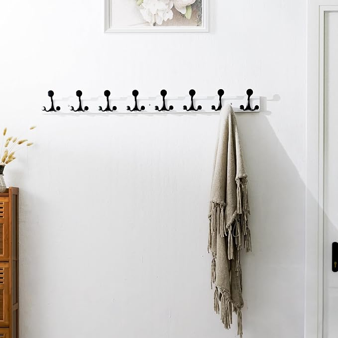 SKOLOO 43-Inch White Wood Coat Rack Wall Mount with 8 Triple Hooks - Ideal for Family Entrances, Classrooms, and Pet Supplies Storage - Perfect Coat Hooks for Wall - Image 4