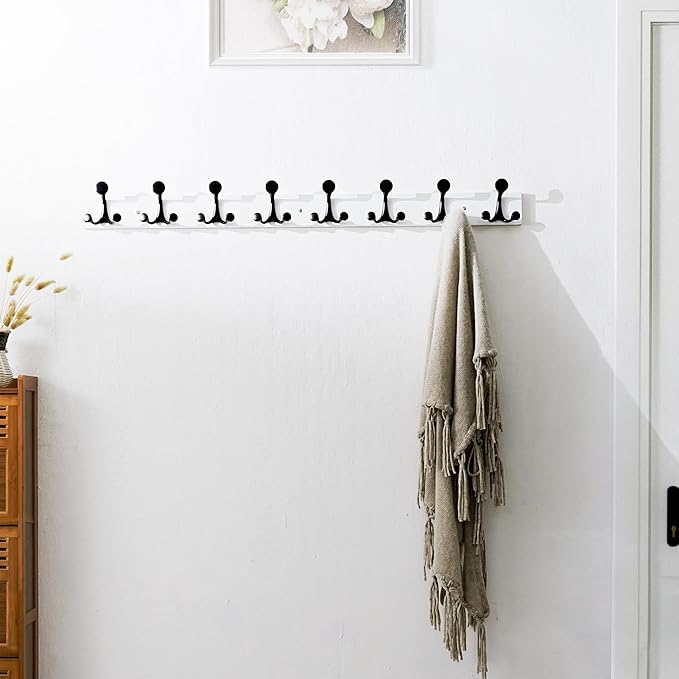 SKOLOO 43-Inch White Wood Coat Rack Wall Mount with 8 Triple Hooks - Ideal for Family Entrances, Classrooms, and Pet Supplies Storage - Perfect Coat Hooks for Wall, Pack of 2 - Image 2