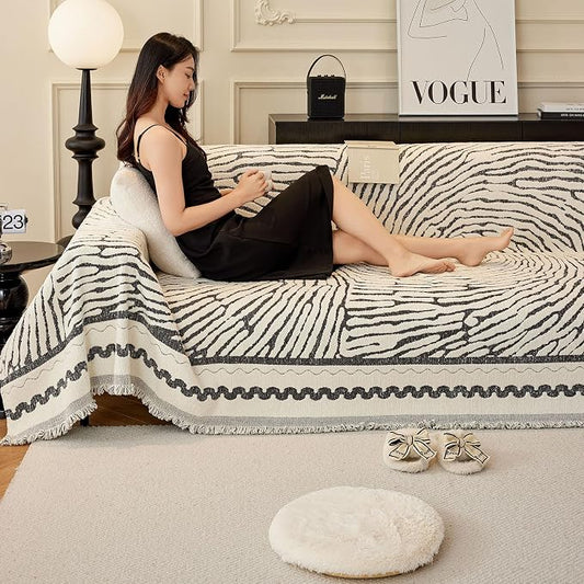 ROOMLIFE Thicked Striped Couch Cover with Tassel Black Chenille Sofa Cover Blanket for Sectional Sofa, Soft Sofa Slipcovers for L Shaped Love Seat 2-3 Cushion Couch Anti Slip Sofa Protector, 71"x118" by ROOMLIFE