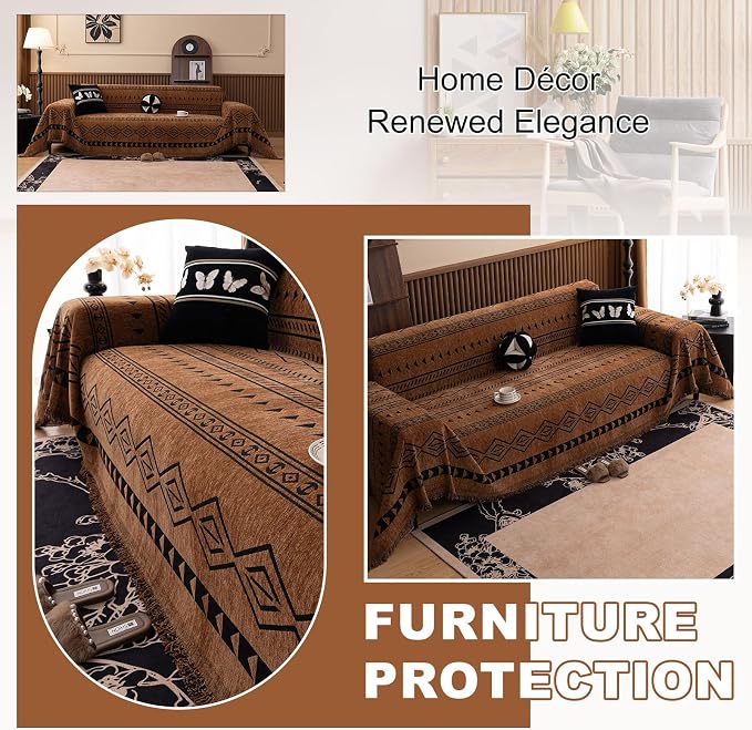 ROOMLIFE Dark Brown Couch Cover 3 Cushion Sofa, Washable Non Slip Furniture Sofa Protector Cover, Soft Chenille Sofa Slipcovers Sectional L Shape Dogs Couch Cover Throw Blanket with Tassels71''X150'' - Image 4