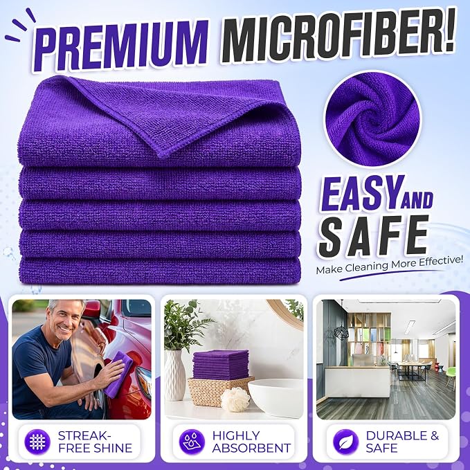 Nuenen Microfiber Cleaning Cloths for Cars Ultra Absorbent Car Towels Drying Reusable Cleaning Supplies House Kitchen Window Microfiber Towel (12 x 12 Inch, Purple, 60 Pcs) - Image 5