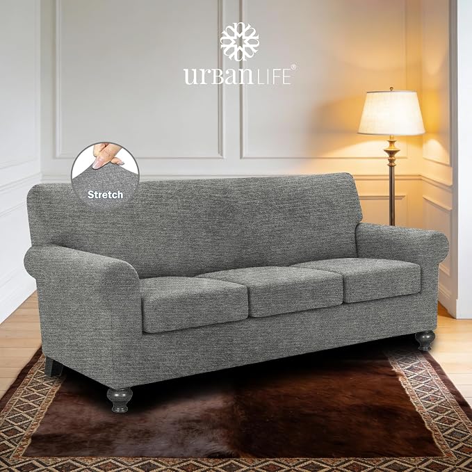 URBANLIFE 4-Piece Stretch Sofa Covers for 3 Cushion Couch, Light Gray | Super fitted spandex slipcovers for couches. Non-slip elastic bottom. Machine washable furniture protector for kids & pets. - Image 2