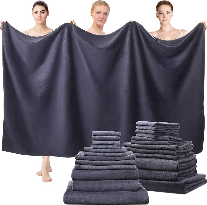 Mixweer 24 Piece Dark Grey Microfiber Absorbent Towel Set: 2 Oversized Bath Sheets, 4 Bath Towels, 6 Hand, 8 Washcloths, 4 Fingertip for Bathroom Spa Gym Camping Beach - Image 8