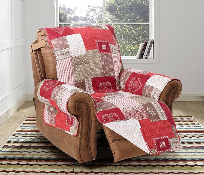 Brilliant Sunshine Burgundy Heart Love Couch Recliner Cover, 26" seat | Patchwork Design, Non Slip Sofa Cover, Quilted Furniture Protector, Washable Reclining Chair Slipcover for Pets, Dogs & Cats by BrilliantSunshine