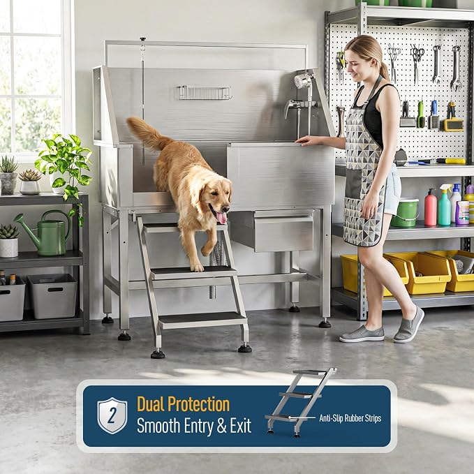 Professional Dog Washing Station, 46 Inch 304 Stainless Steel Pet Grooming Tub with Side-Mounted Faucet, Telescopic Ramp & Storage Drawer for Large & Senior Dogs, Outdoor Raised Sink (46" Left Step) - Image 7
