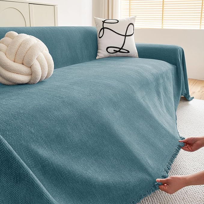 hyha Couch Cover for Dogs, Boho Chenille Sofa Cover for 3 Cushion Couch | Anti-Scratch Washable Sofa Slipcover, Loveseat Sectional Couch Throw Blankets with Tassels (Blue, 71x150 Inch) - Image 5