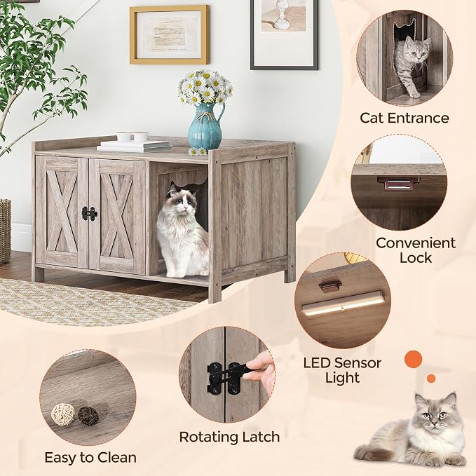 MAHANCRIS Cat Litter Box Enclosure, Hidden Litter Box Furniture with Divider, Indoor Cat House, Wooden Cat Washroom Storage Cabinet Bench, Side End Table Nightstand, Greige CWHG2501Z - Image 8