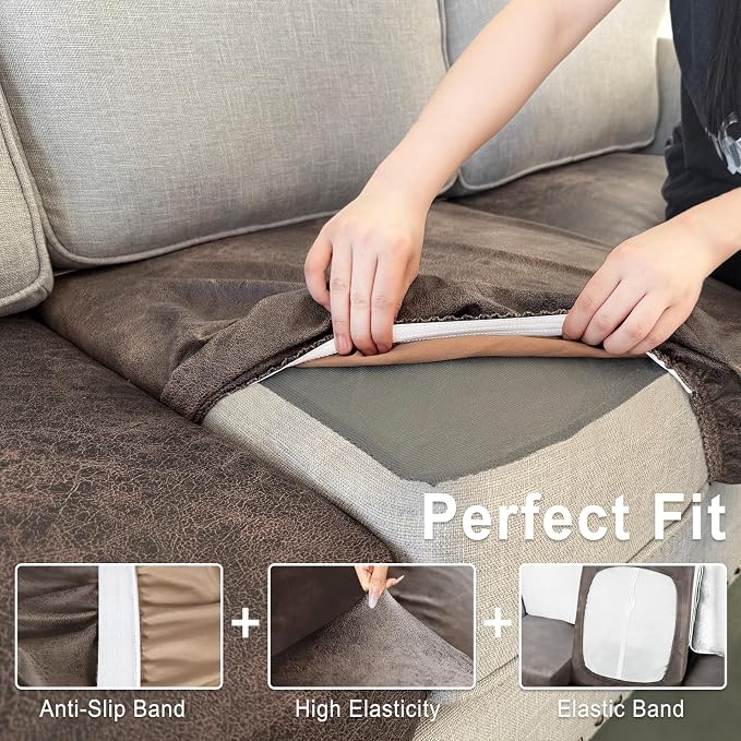 ANARACHON Leather Look Couch Cushion Covers Sofa Seat Slipcovers Sets Couches Furniture Protector for Sectional Armchair Loveseat Pets Kids Stretch Spandex Fabric (1 Cushion Sofa, Light Brown) - Image 4