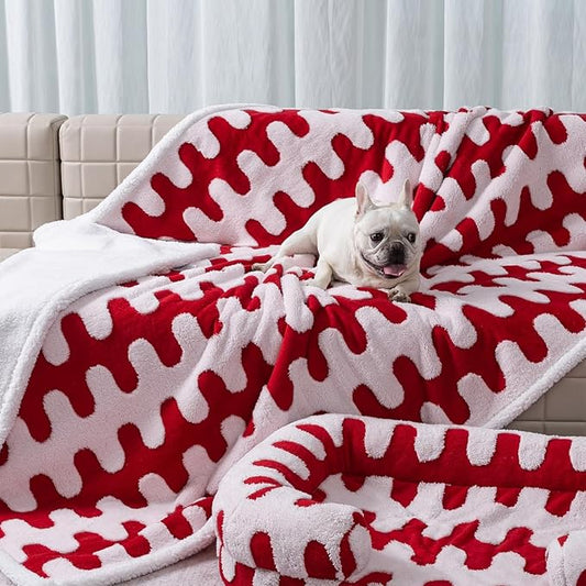 Waterproof 85x85in Pet Blanket Red Stylish Jacquard Sharpa Fleece Dog Blankets for King Size Bed Couch Sofa Covers Furniture Protection Washable Reversible Covers (Red Wave,XXL) by Unknown