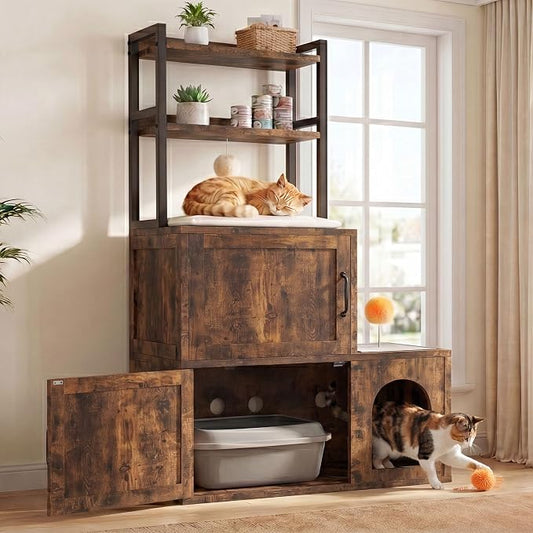 Heybly Cat Litter Box Enclosure Furniture, Double Hidden Litter Box Cabinet with Cat Tree, Large Litter Box Enclosure with Shelves & Storage, Cat House for 2 Cats, Cat Box Enclosure, Rustic HCLB002SR by HEYBLY