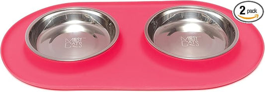 Messy Cats Double Silicone Feeder, Stainless Bowls, 1.75 Cup, Watermelon | Non-Slip Silicone Double Cat Feeder With Two Removable Stainless Steel Saucer Bowls For Food And Water by Messy+Cats