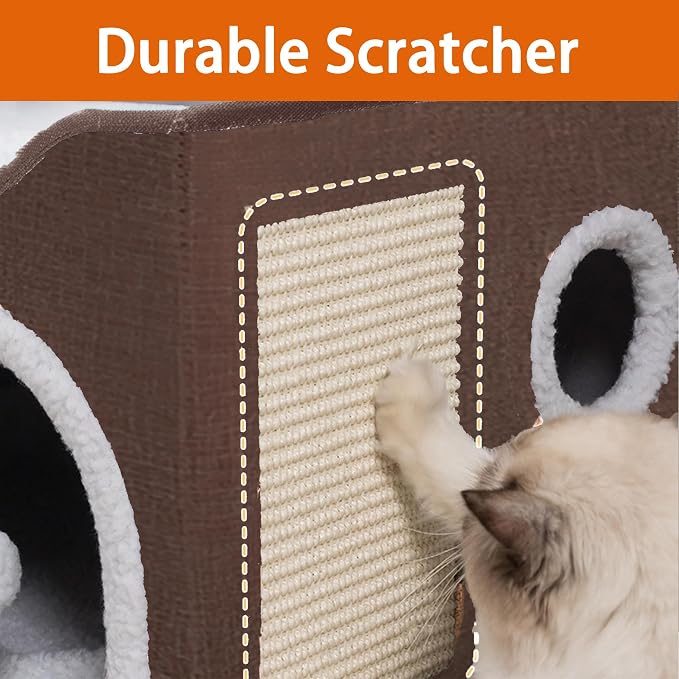 Loyareal Cat Houses for Indoor Cats - Large Cat Bed Cave with Scratch Pad and Fluffy Ball, Foldable Cat Condo Hideaway with Reversible Cushion for Multi Small Pet，Brown - Image 3